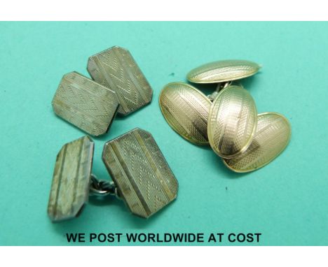 A pair of 9ct gold cufflinks (3.8g) and a pair of hallmarked silver cufflinks, both pairs with engine turned decoration 