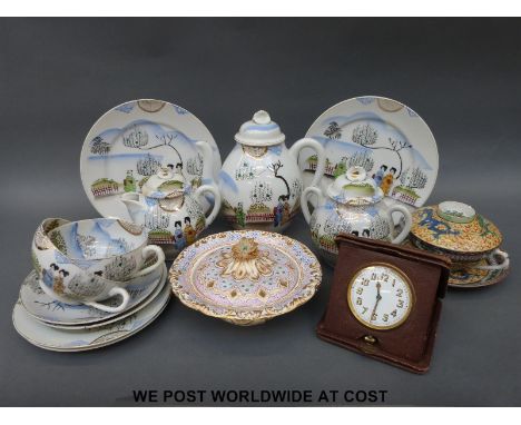 A Japanese tea set together with a Chinese tea bowl and saucer etc. and a travelling clock