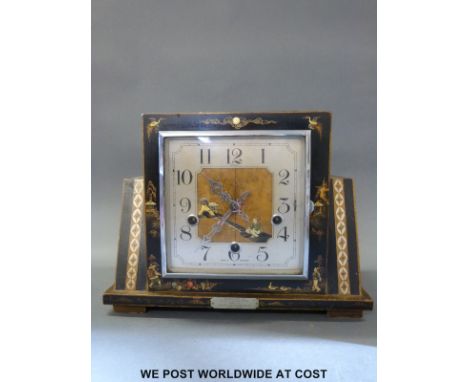 An Art Deco chinoiserie three train mantel clock by Enfield in square case, having small presentation plaque to front relatin