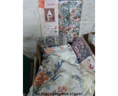 A quantity of un-opened ready to hang curtains including Windsor Collection and Appletree together with a large roll of curta