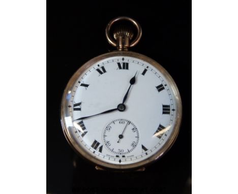 Swiss 9ct gold gentleman's open faced keyless wind pocket watch with inset subsidiary dial, Roman numerals, blued hands, whit