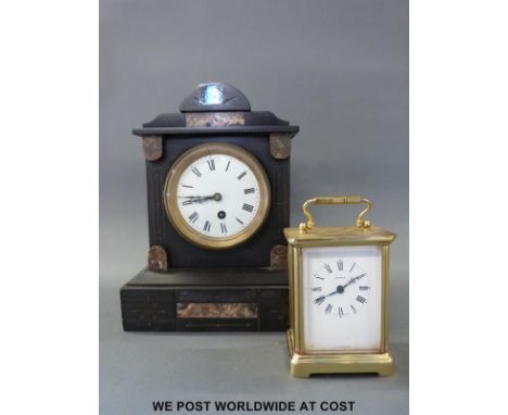 A 19th century slate and marble cased mantel timepiece, with Roman numerals on white enamelled dial, beetle and poker hands, 