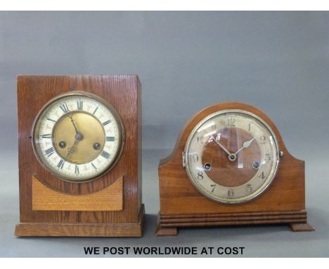 Two two train mantel clocks comprising a 1930s example with Haller movement and Arabic numerals on metal chapter ring and a c