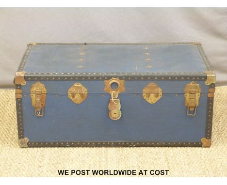 A metal bound steamer trunk, length 92cm