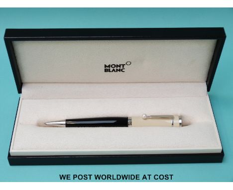 Montblanc Greta Garbo limited edition ballpoint pen with cream waisted cap, Akoya pearl set to the clip and black resin barre