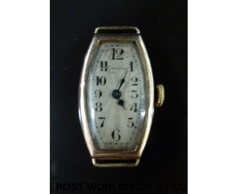 Grovenor 9ct gold ladies wristwatch with Arabic numerals, blued hands, engine turned face and British Watch Company case, cas