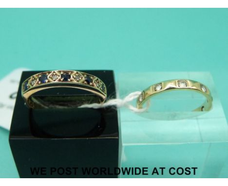 Two 9ct gold rings, one set with spinel (size M) and the other with alternating sapphires and diamonds (size O)