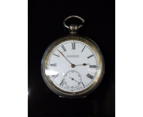 T Lovejoy of Wimbeldon silver pocket watch with inset subsidiary seconds dial, Roman numerals, gold hand, white enamel face a