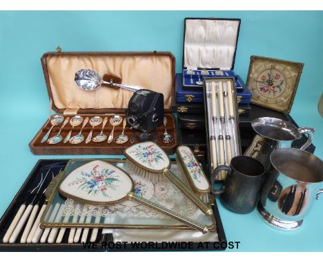 A quantity of silver plated items including cased cutlery sets, gilt edge dressing table set, tankards, Ensign Ful-Vue camera