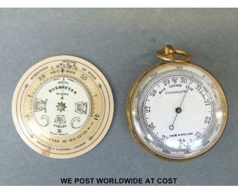 A compensated pocket barometer and an early 20thC ivorine weather forecasting calculator. Formed as three discs, the outer fo