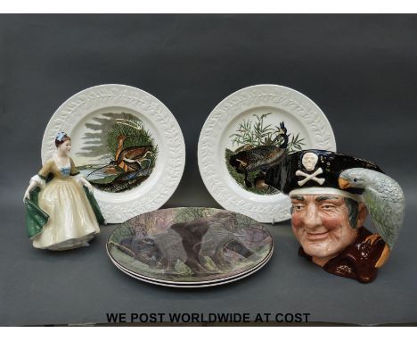 Royal Doulton Long John Silver D6335, Elegance HN2264, two Doulton African series plates and two Spode plates.