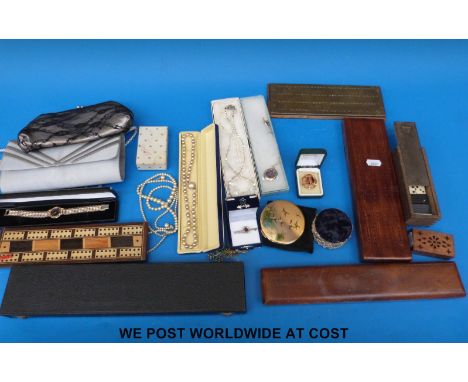 Costume jewellery, cribbage boards, boxed slide rules, clutch bags, Stratton compacts