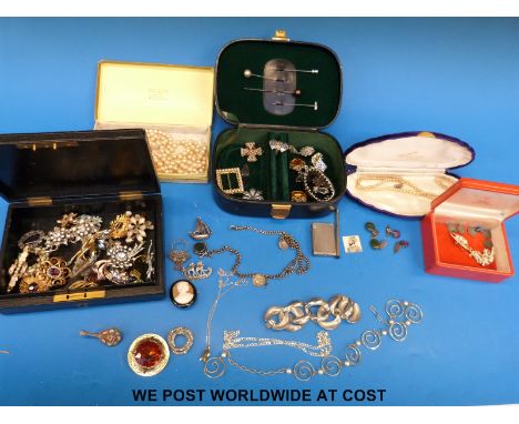 A hallmarked silver Albert, Dunhill lighter, silver chains, brooch and cufflinks, Miracle brooch, micro mosaic etc