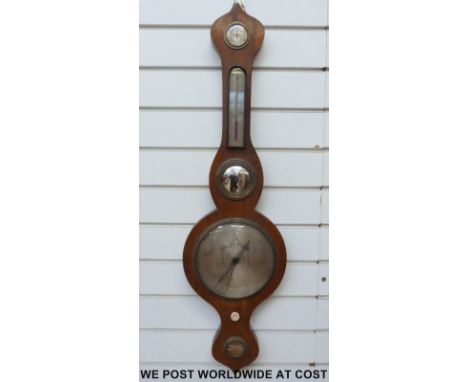 A late 19th century mahogany cased barometer, the silvered dial with etched classical decoration