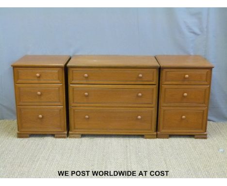 Stag light wood chest of drawers and two bedside cabinets (largest W80 x D46 x H69cm)