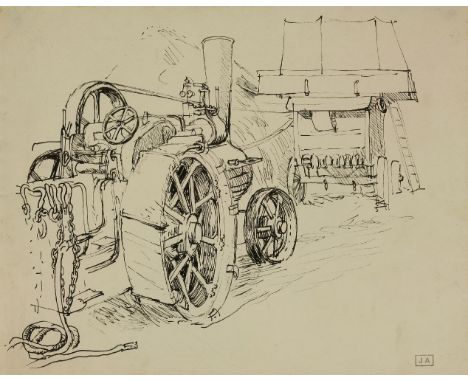 *John Aldridge RA (1905-1983)STEAM ENGINE DRIVING THRESHING MACHINEPen and ink;A FARMYARDPencil;A WORKHORSE HARNESSPencilThre