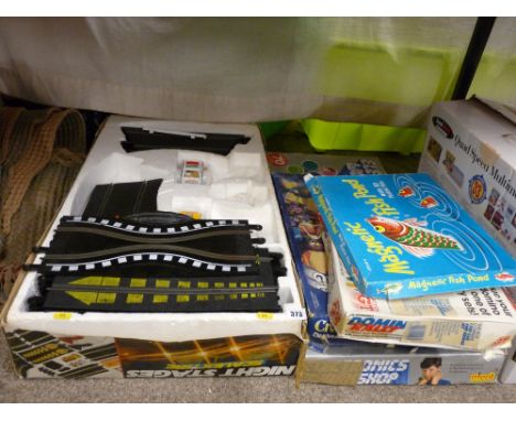 Box Scalextric (incomplete) with a quantity of board and electronic games etc