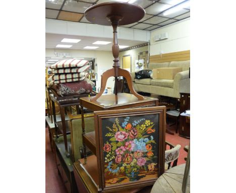 Reproduction mahogany two tier side trolley with single drawer and slide-out tray, an embroidered panel firescreen and a trip