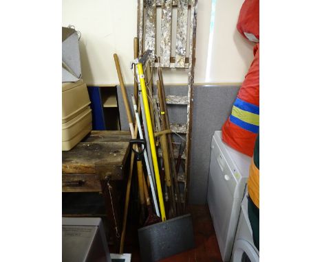Quantity of long handled garden tools and a wooden stepladder