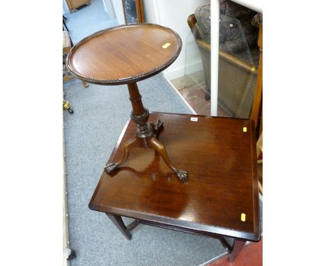 Stag type mahogany two tier side table and a reproduction tray top wine table on tripod ball and claw supports