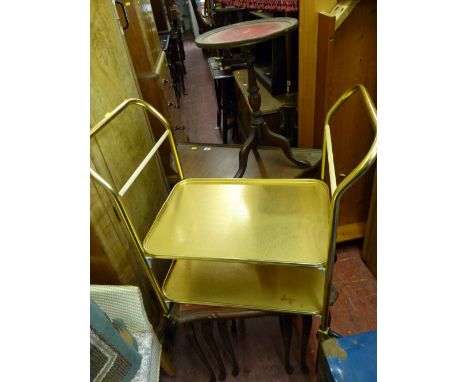 Walnut half moon hall table, set of three reproduction glass topped occasional tables, tripod wine table with red leather ins