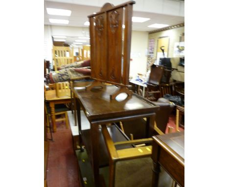 Vintage two tier trolley, carved oak firescreen and a walnut upholstered top stool
