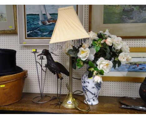 Brass reeded column table lamp, metal bird sculpture etc