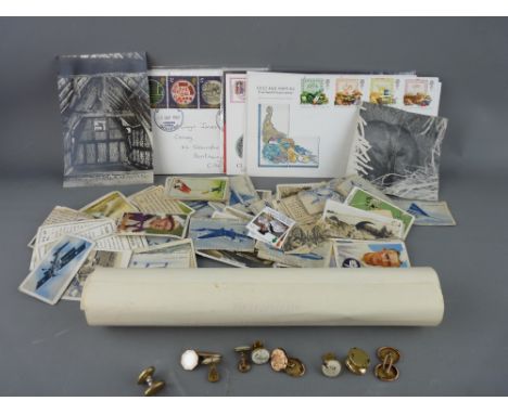 Pair of nine carat gold cufflinks with others, small quantity of first day covers and loose cigarette cards etc