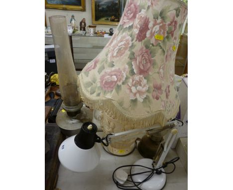 Anglepoise lamp, two vintage style paraffin lamps and a large modern relief moulded lamp with shade