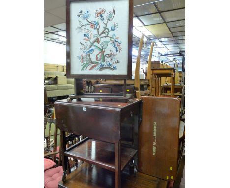 Two tier trolley with single end drawer, an embroidered folding firescreen, two door cabinet, cane seated chair and a bed tab