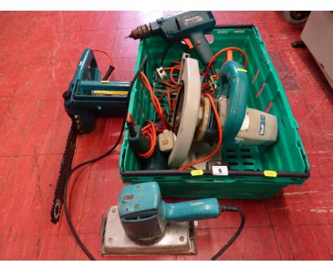 Crate of Black & Decker DN412 chainsaw, Wolff angle grinder and other electrical items E/T