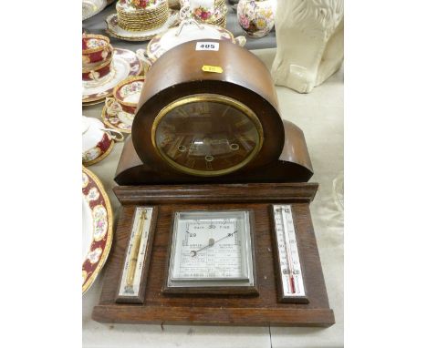 Vintage mantel clock and an oak mounted barometer/thermometer etc