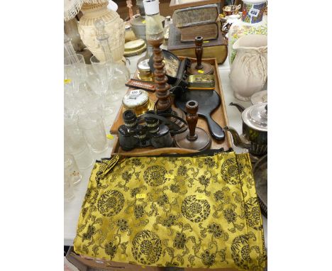 Two handled wooden tray, modern clock and barometer, selection of treen lamps and candlesticks, quantity of Oriental silk typ