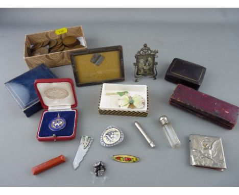 Mixed box of collectables including pre-decimal coinage, miniature portrait frames, owl decorated notebook, silver and enamel