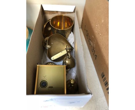 Box brasseware including small carriage clock and two penknives 