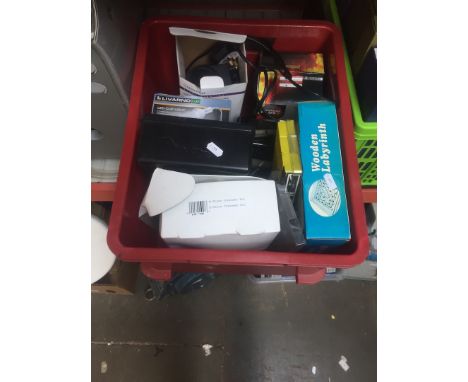 A box of misc items including a boxed lamp, 2 lights, etc 