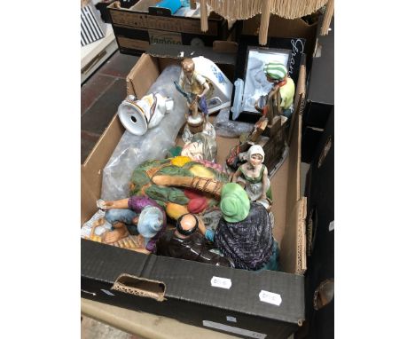 A box of misc figures including Doulton, Goebel etc and pottery 