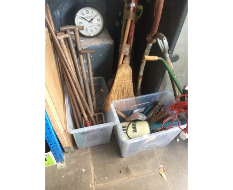 2 crates of garden tools, hedge sheers, spades, forks, etc 