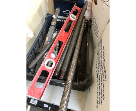 A box of misc tools including copper pipe bending tool, cold chisels, files, etc 
