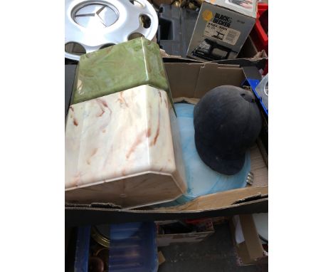 Box with planters, light shade and horse riders hat 