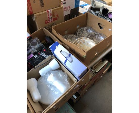 2 boxes of misc including light fittings, tempered glass screen protector for Samsung Galaxy S6, resin plates, etc 