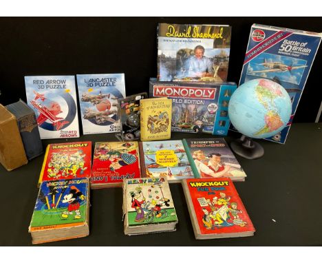 Collector’s Books and games, etc - Mickey Mouse Annuals, other annuals;  desk globe;  Battle of Britain 50th Anniversary Memo