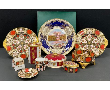 A Royal Crown Derby Imari, 1128 pattern, lidded oval trinket box, and coffee can;  a pair of Abbeydale Chrysanthemum pattern 
