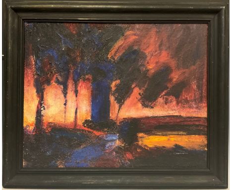 Jeremy Leigh Abstract woodland dusksigned in pencil verso, oil on board, 45cm x 57cm.