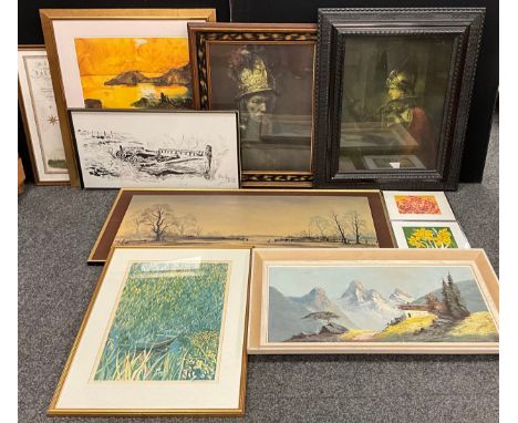 Pictures &amp; Prints - Ken Kenyon, shipwrecked in reeds, pen and ink; Folland, Spring Fields; M Slone, Daffodils, another, G