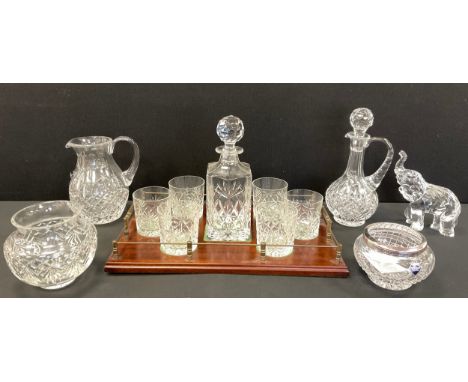 A SE Wills of Liverpool Admiralty crystal decanter and six whisky tumblers on galleried tray,  Waterford crystal Elephant, Ro