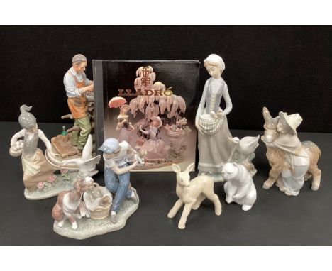 Lladro - Girl with her goose, 31.5cm high;  ‘This one’s mine’ figure;  Boy and his donkey;  Chased by a goose;  polar bear;  