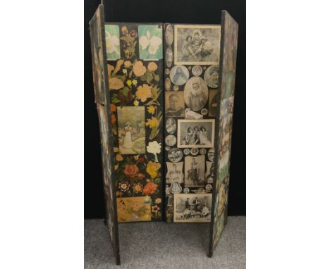 An early 20th century vintage four-panel modesty screen / room divider, decorated with decoupage imagery of flowers and portr