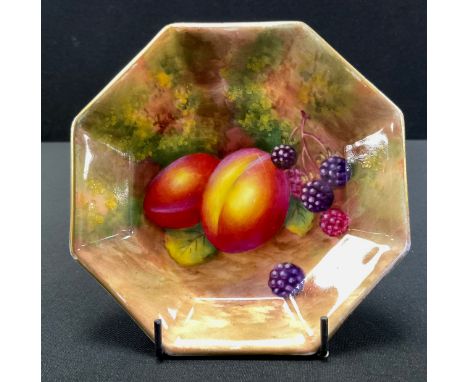 A Royal Worcester porcelain octagonal trinket dish, painted by Harry Ayrton, with Peaches, Blackberries and Raspberries, sign