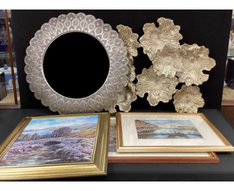 Art and interior decoration / design - a contemporary abstract metal wall sculpture, 62cm x 96cm;  a modern wall mirror, silv